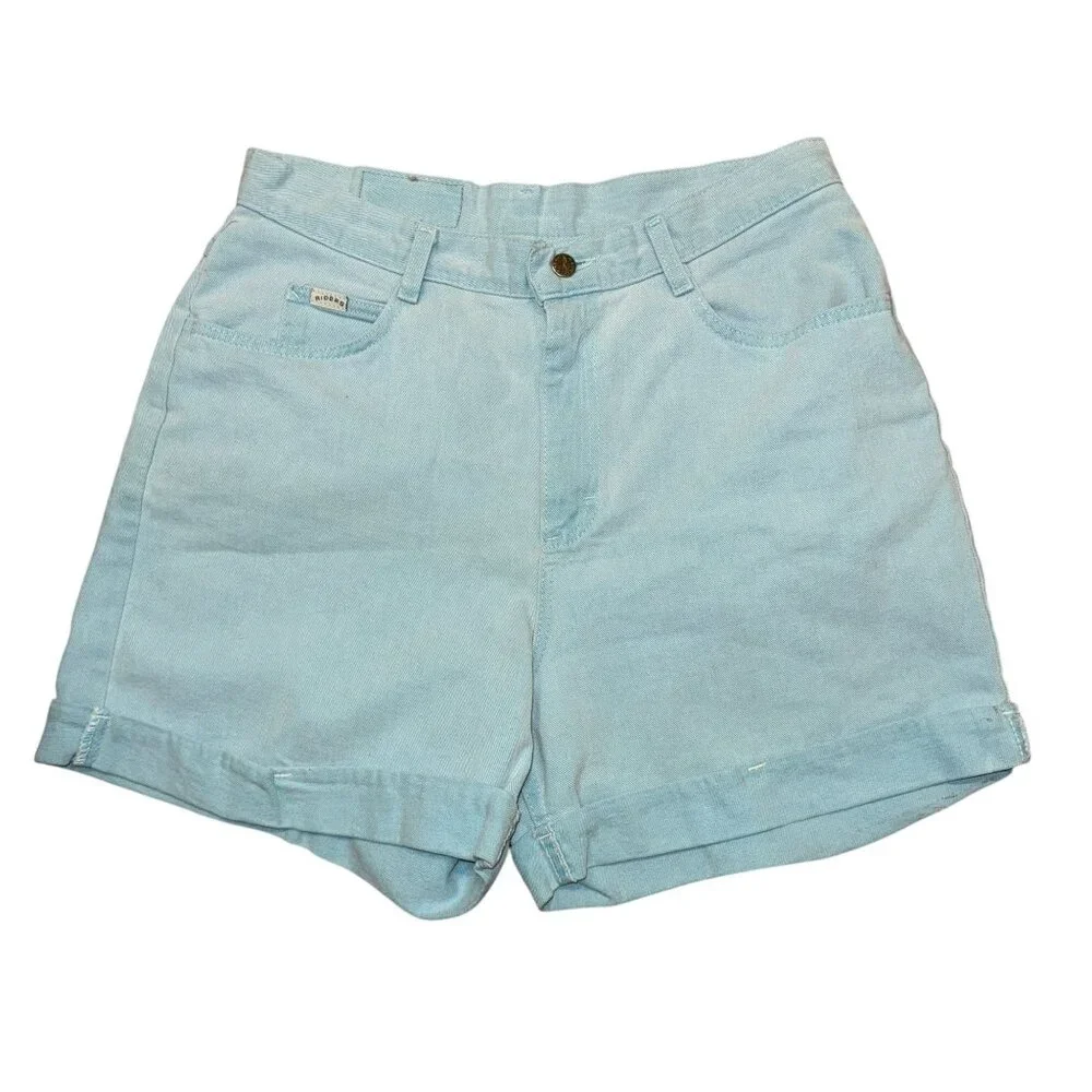 Vintage Lee Riders Mom Shorts Womens 14 Med High Rise Aqua Blue Pockets Retro - Picture 1 of 8